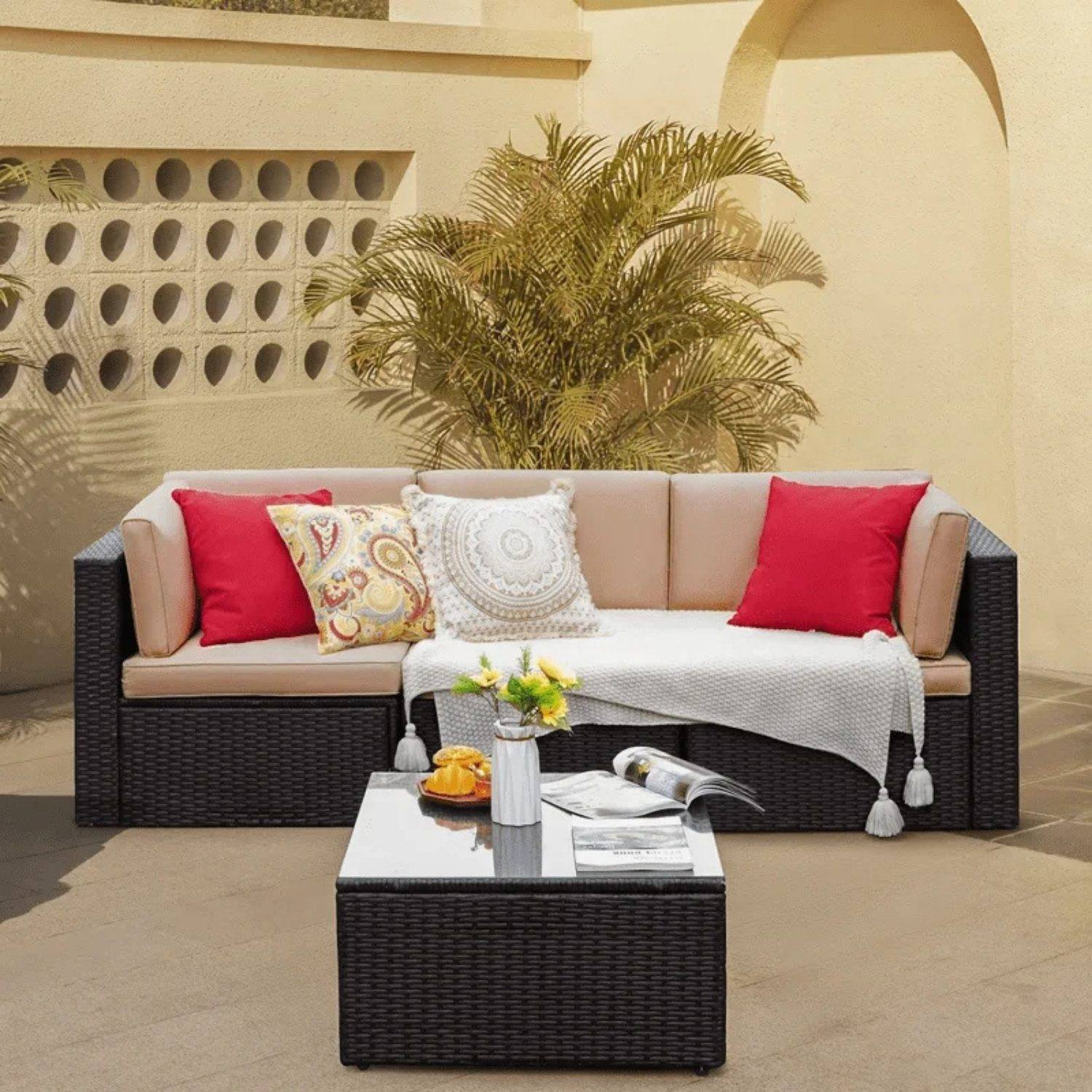 Cream and Dark Brown 2-Piece Rattan Wicker Sectional Sofa Sets