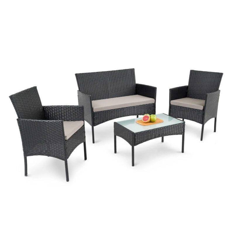 4-Piece Rattan Wicker Patio Furniture Set with Cushions and Glass Table (Black & Cream)