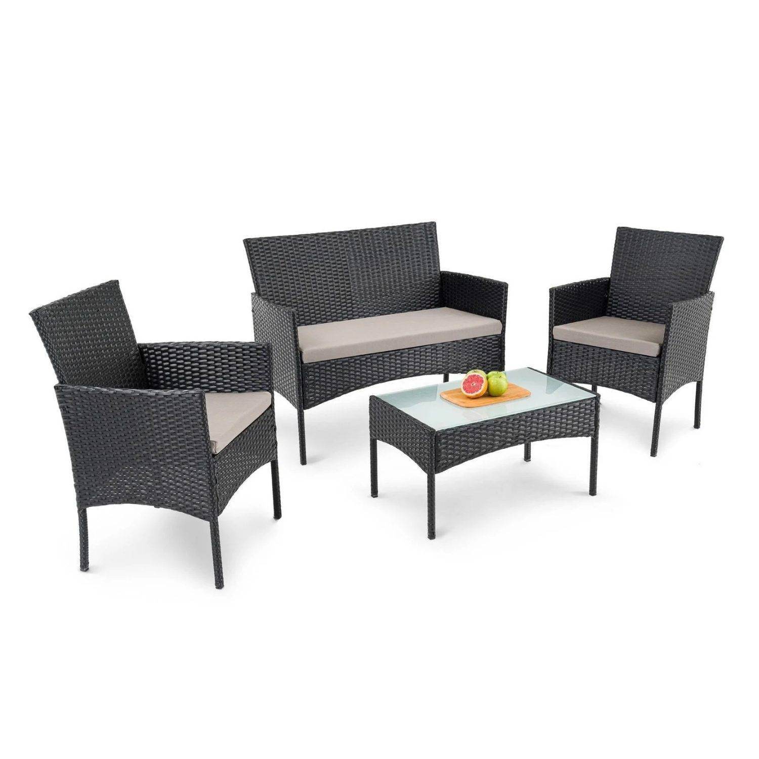 4-Piece Rattan Wicker Patio Furniture Set with Cushions and Glass Table (Black & Cream)