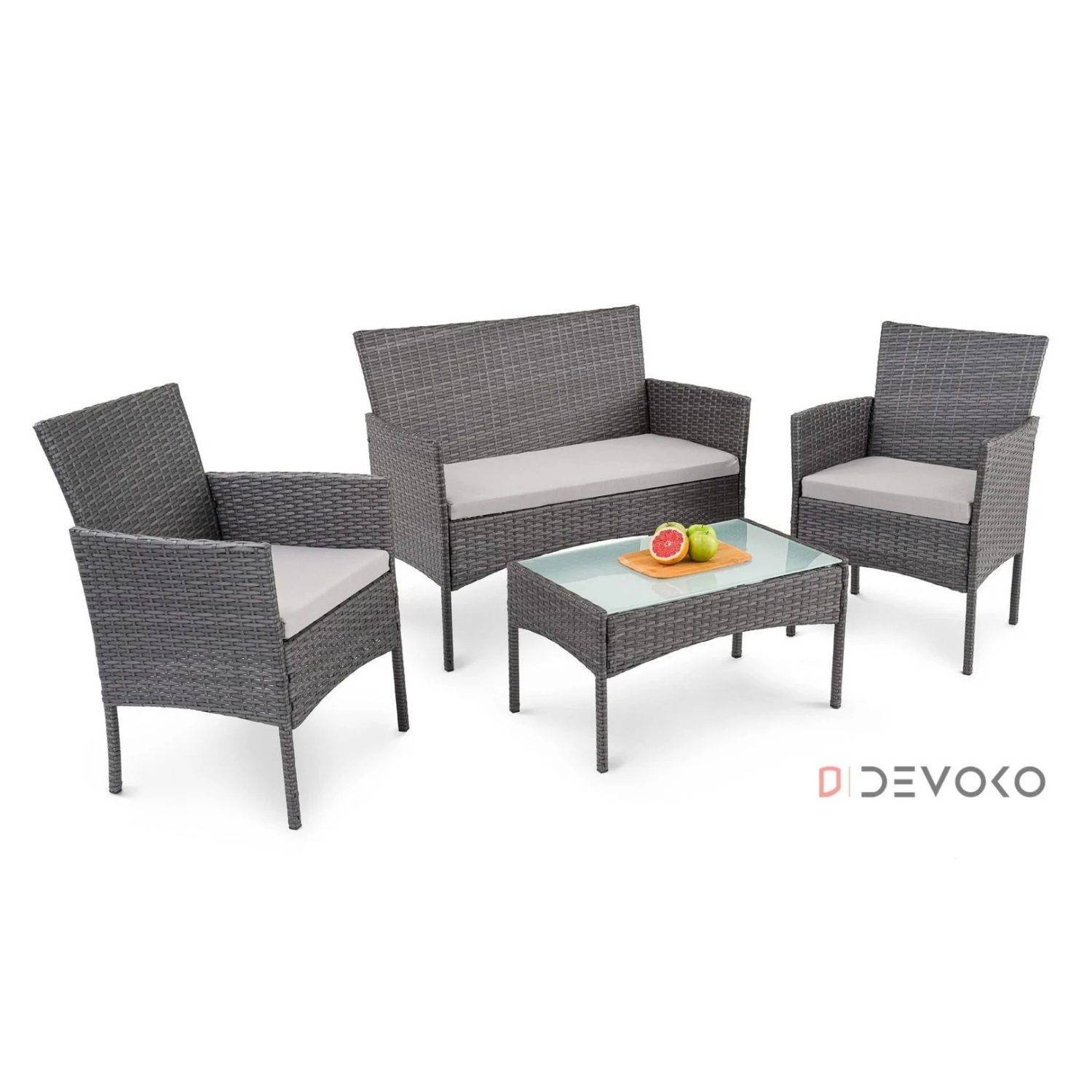 4-Piece Rattan Wicker Patio Furniture Set with Cushions and Glass Table (Dark Brown & Grey)