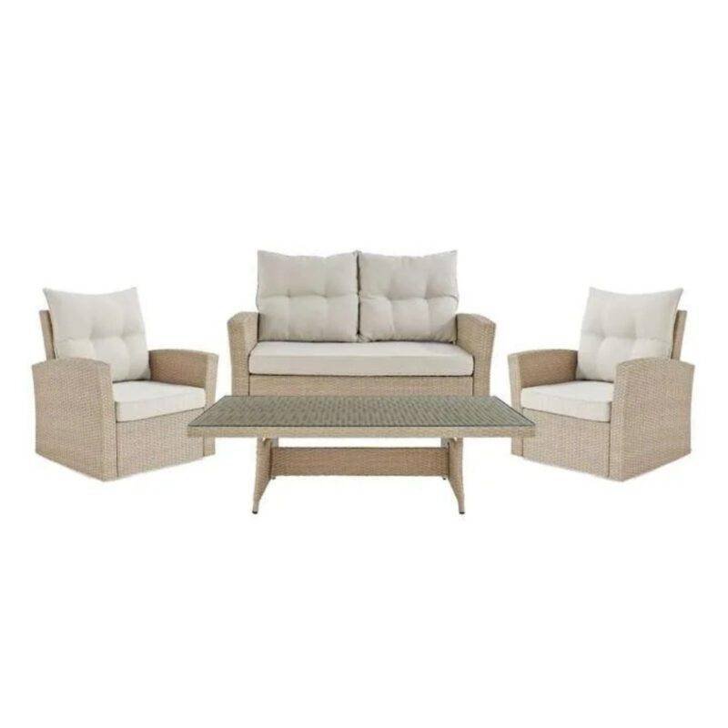 DEVOKO 4 Seater Sofa Set with Center Table and Cushion (Beige and Cream)