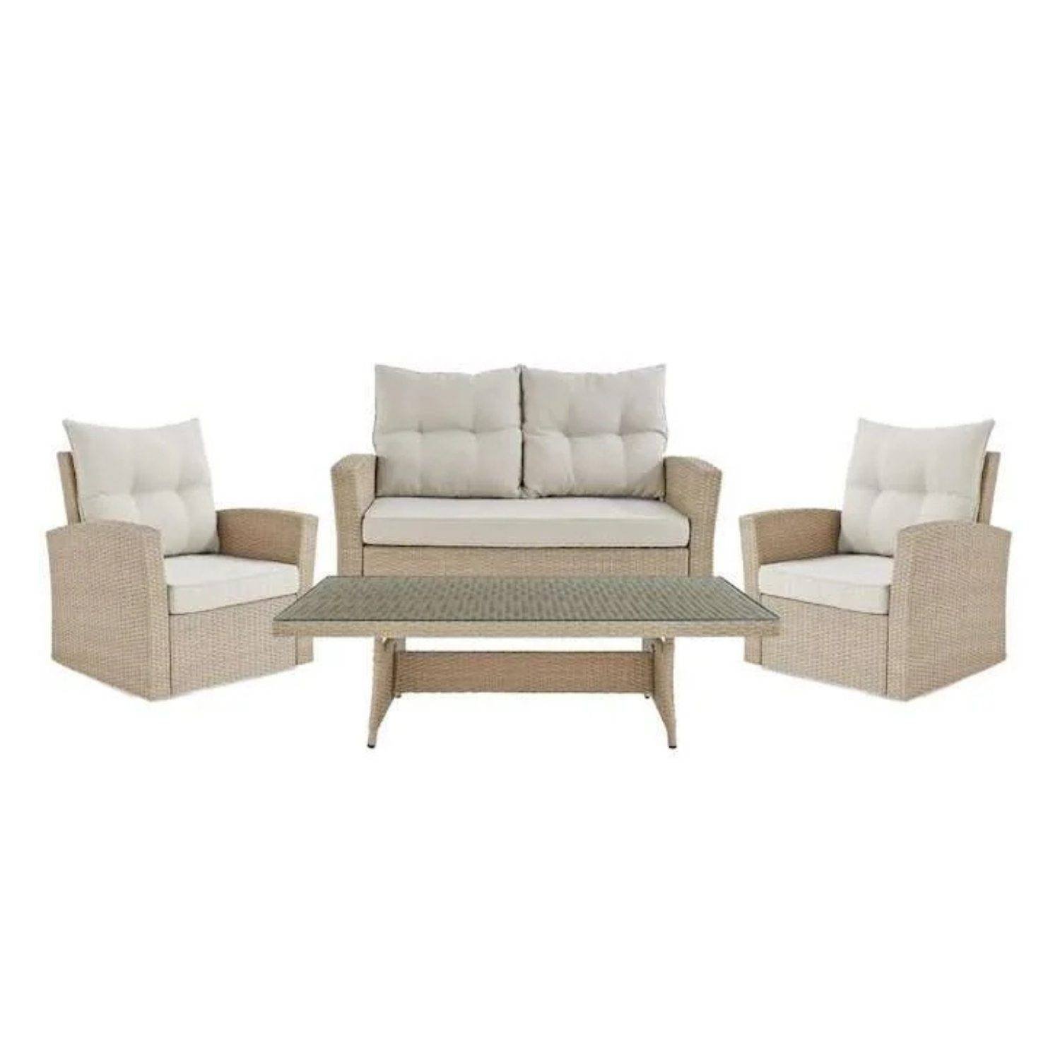 DEVOKO 4 Seater Sofa Set with Center Table and Cushion (Beige and Cream)