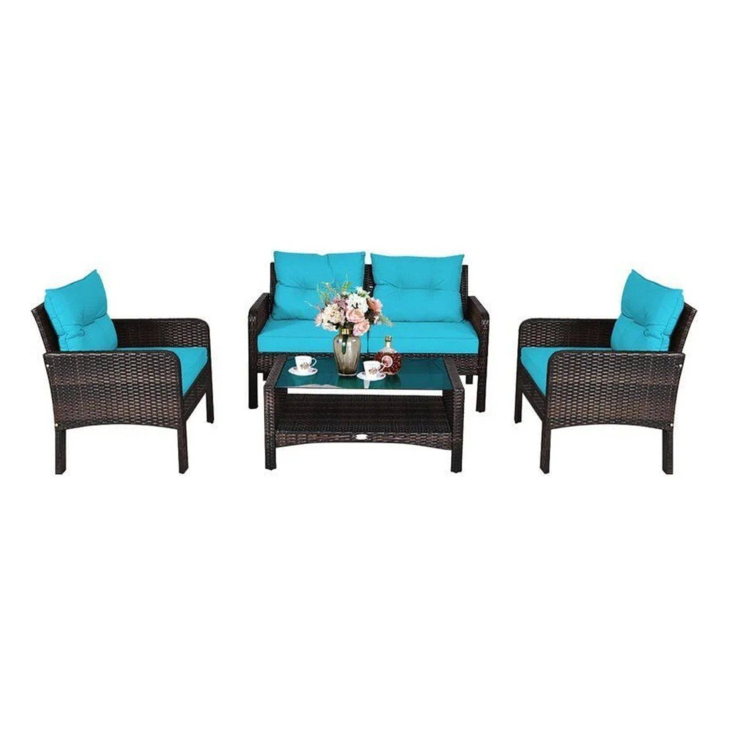 Devoko 4-Piece Rattan Bistro Sofa Set - Dark Brown & SkyBlue