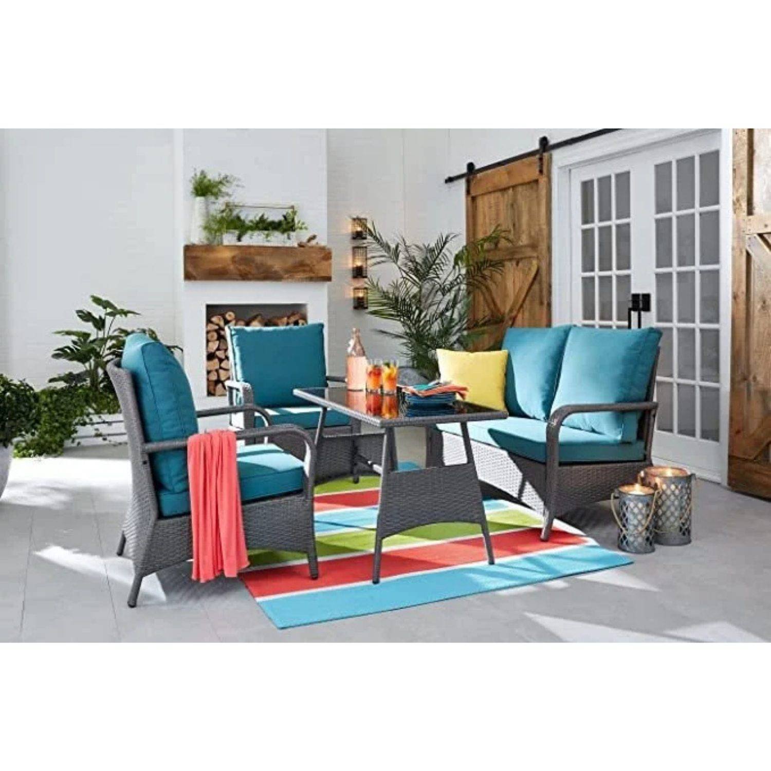 Devoko 4-Piece Outdoor Wicker Sofa Set with Center Table (Grey & Sky-blue)