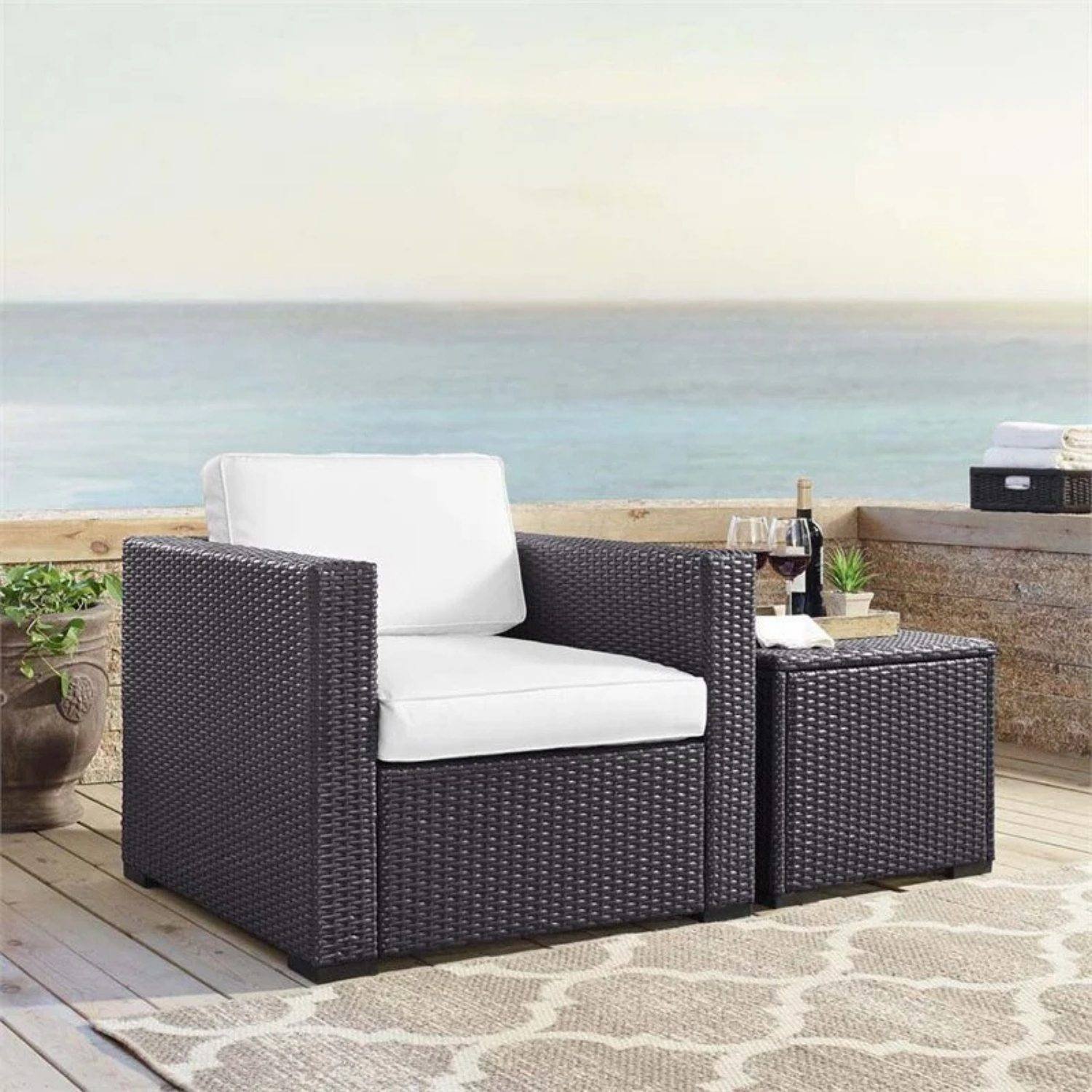 DEVOKO Patio Wicker Sofa 1-Seat and Table (Dark Brown & White)