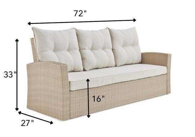 DEVOKO 3-Seater Wicker Rattan Patio Sofa with Cushions (Beige & Cream) - Image 2