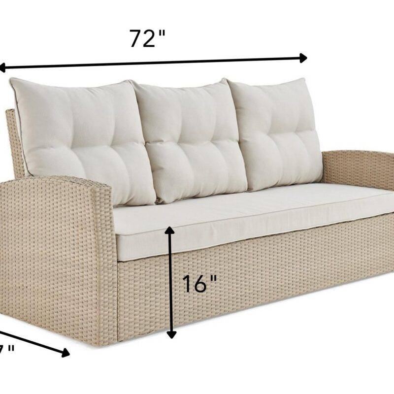 DEVOKO 3-Seater Wicker Rattan Patio Sofa with Cushions (Beige & Cream) - Image 2