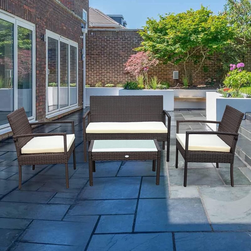4 Piece Patio Furniture Set (Dark Brown/Off White) - Image 2