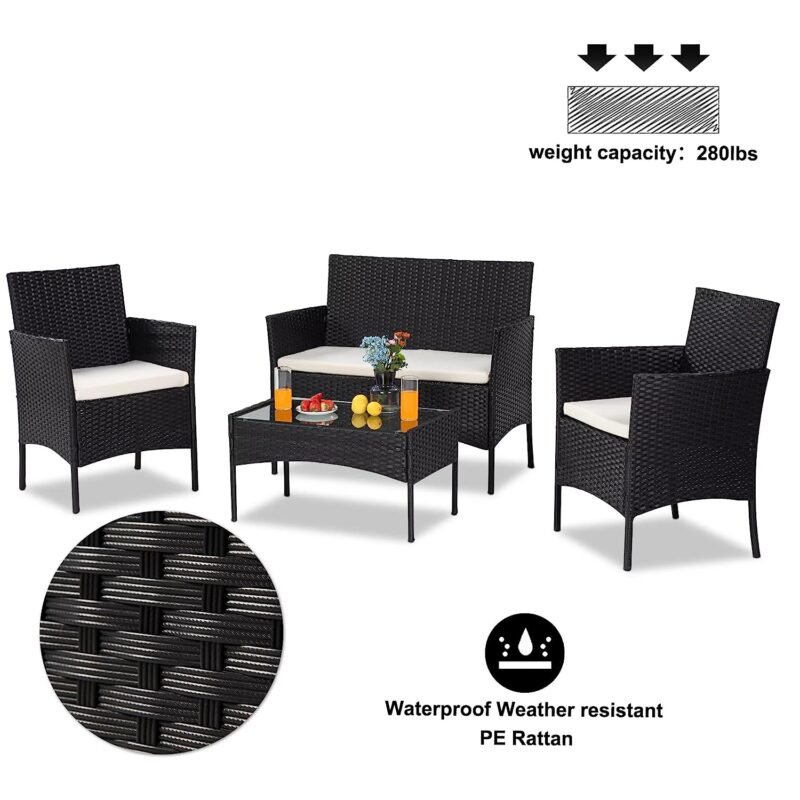 4 Piece Wicker Sectional Sofa Set (Black/White) - Image 3