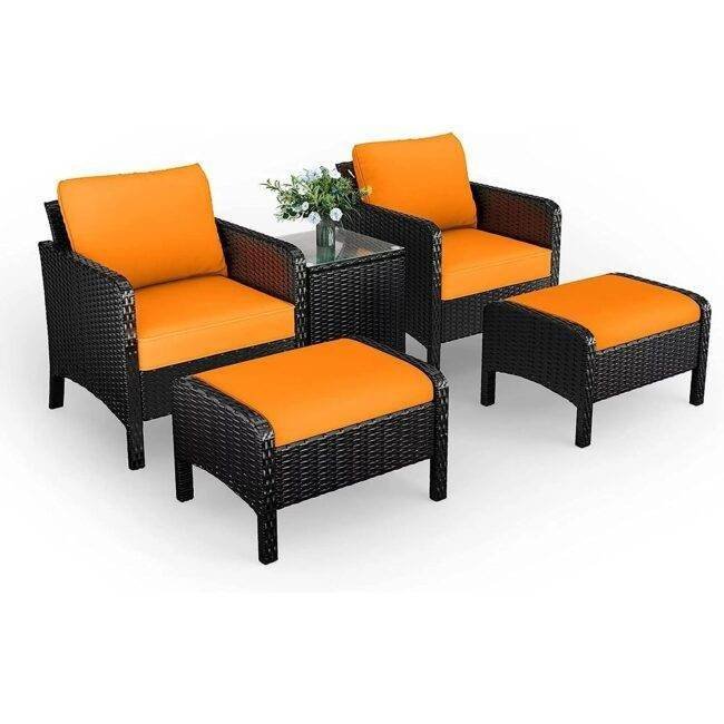 5 Piece Patio Wicker Furniture Set (Black/Orange) - Image 3