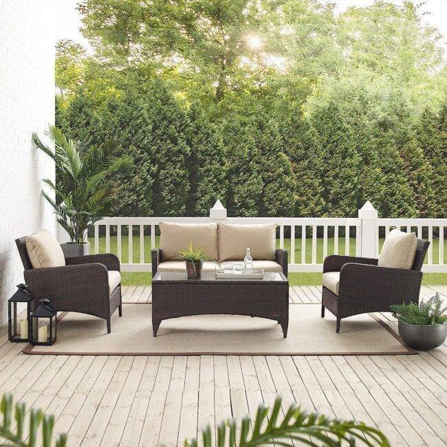 DEVOKO 4 Pieces Outdoor Conversation Rattan Sectional Sofa Set (Dark Brown and Cream) - Image 2