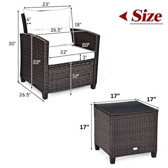 Devoko 3-Piece Outdoor Rattan Wicker Patio Furniture Set (Dark Brown & Cream) - Image 2