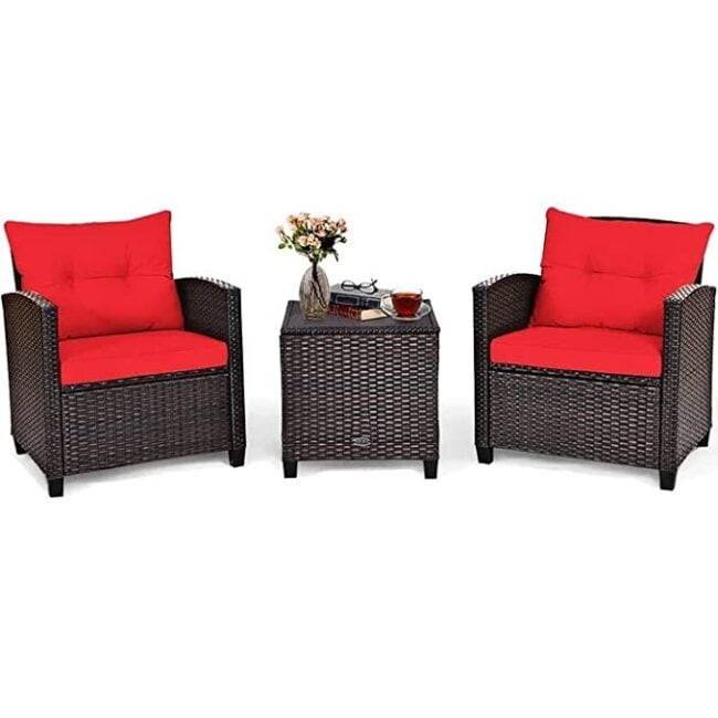 Devoko 3-Piece Wicker Bistro Patio Set (Dark Brown/Red) - Image 3