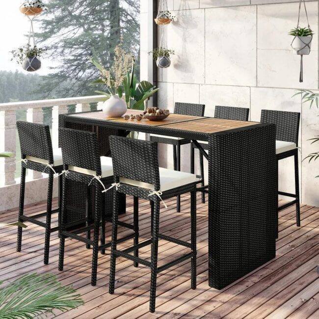 DEVOKO 7-Piece Outdoor Patio Rattan Bar Set (Black and Cream) - Image 4