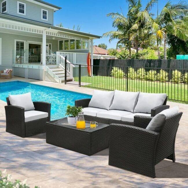DEVOKO 4-Piece Rattan & Wicker Outdoor Patio Furniture Conversation Sofa Set (Black and Grey) - Image 3