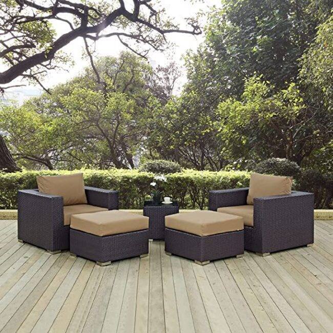 DEVOKO 5-Piece Outdoor Patio Sofa Set with Table & Ottomans - Dark Brown & Beige - Image 7