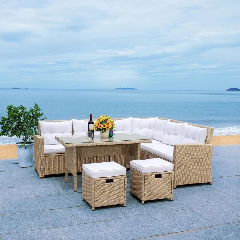 5-Piece Wicker Patio Conversation Set (Beige/White) - Image 6