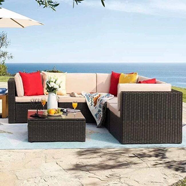 DEVOKO 3-Piece L-Shape Outdoor Patio Furniture Set: Dark Brown & Cream - Image 3