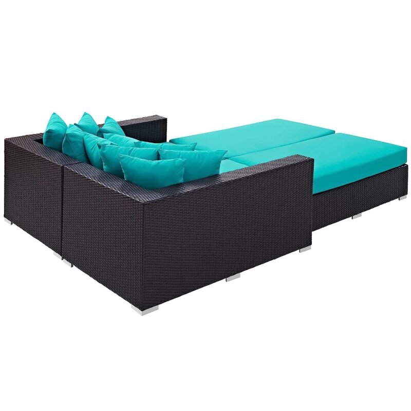3pcs Outdoor Rattan & Wicker Sofa Daybed (Dark Brown/Turquoise Blue) - Image 3