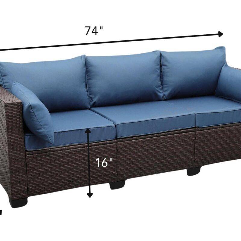 Dark Brown & Navy Blue 3-Seater Patio Wicker Sofa (High Back, Non-Slip Cushioned) - Image 2