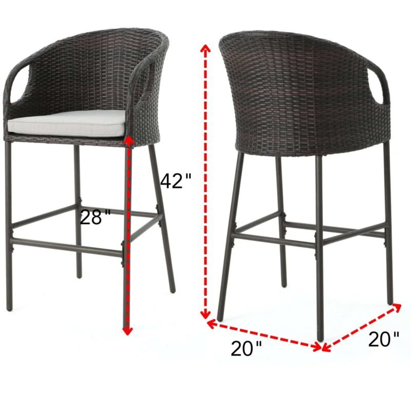 DEVOKO Outdoor Wicker Bar Stools Set of 2, Patio Rattan Furniture with Cushions(Dark Brown & Off-white) - Image 2