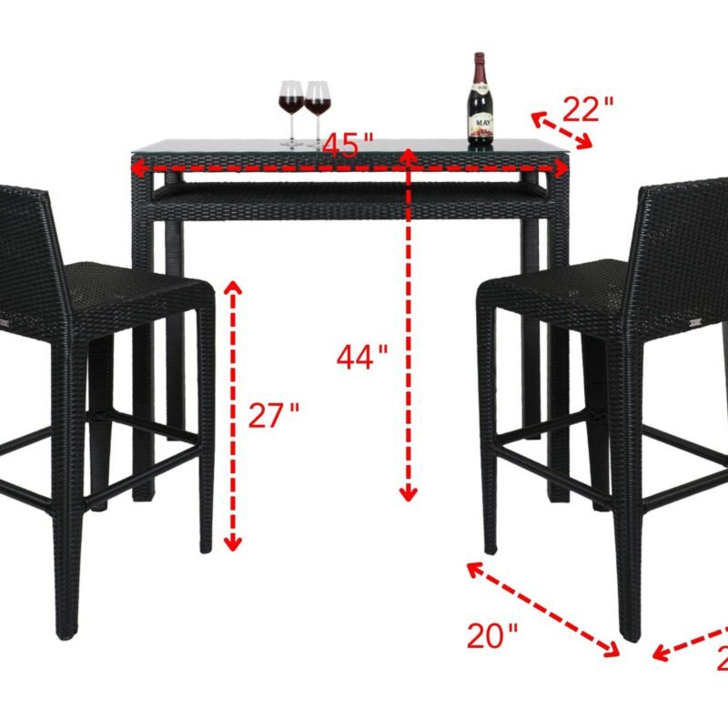 DEVOKO 3-Piece Wicker Outdoor Serving Bar Set Height Table With 2-Stools (Black) - Image 2