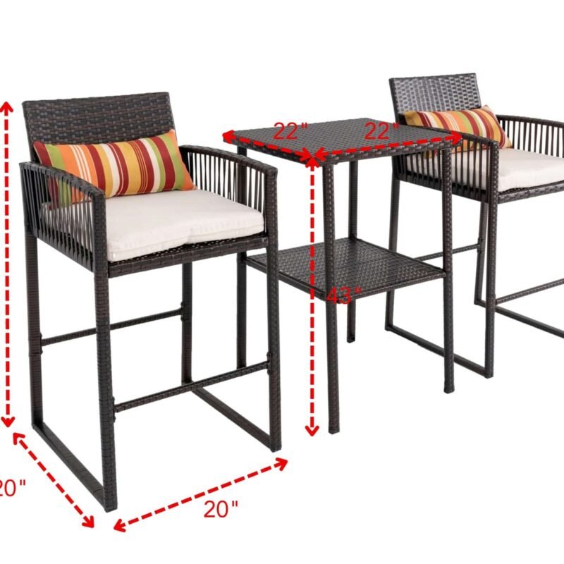 DEVOKO Patio 3 Piece Bar Set With Heighted Stools & Table For Outdoor & Indoor (Dark Brown & White) - Image 2