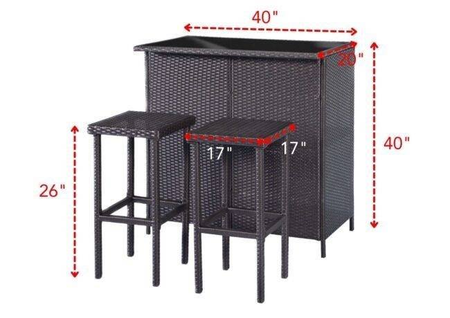 DEVOKO 3 Piece Wicker Patio Outdoor Bar Set With Table & 2 Stools (Dark Brown) - Image 2