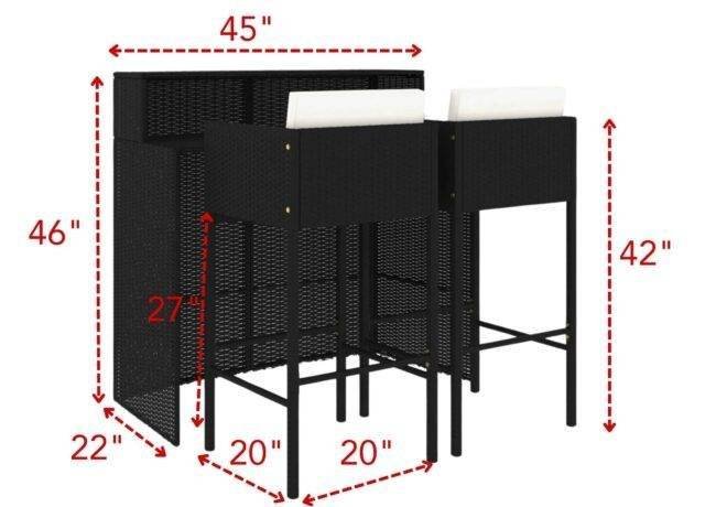 DEVOKO 3 Piece Outdoor Patio Bar Set With Counter Heighted Table (Black & White) - Image 2
