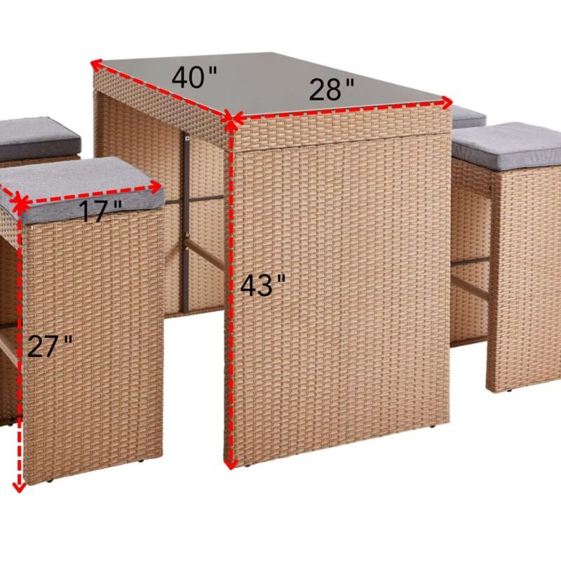 DEVOKO 5-Piece Wicker Counter Height Dining Bar Set with Stools and Glass Table for Backyard(Beige & Grey) - Image 2
