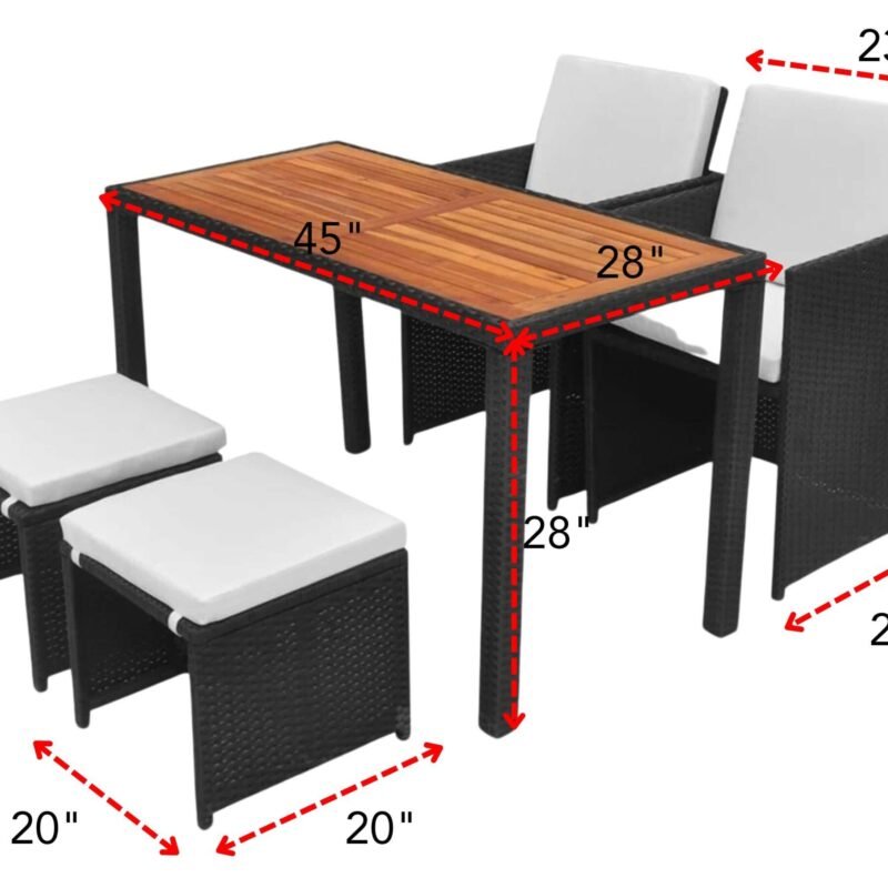 DEVOKO 5 Piece Rattan Wicker Patio Dining Set Furniture With Ottoman & Wood Top Table (Black & White) - Image 2