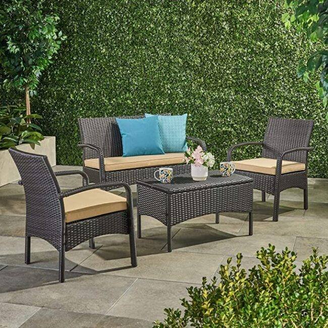 DEVOKO 4-Piece Waterproof Wicker Patio Furniture Set - Dark Brown & Beige