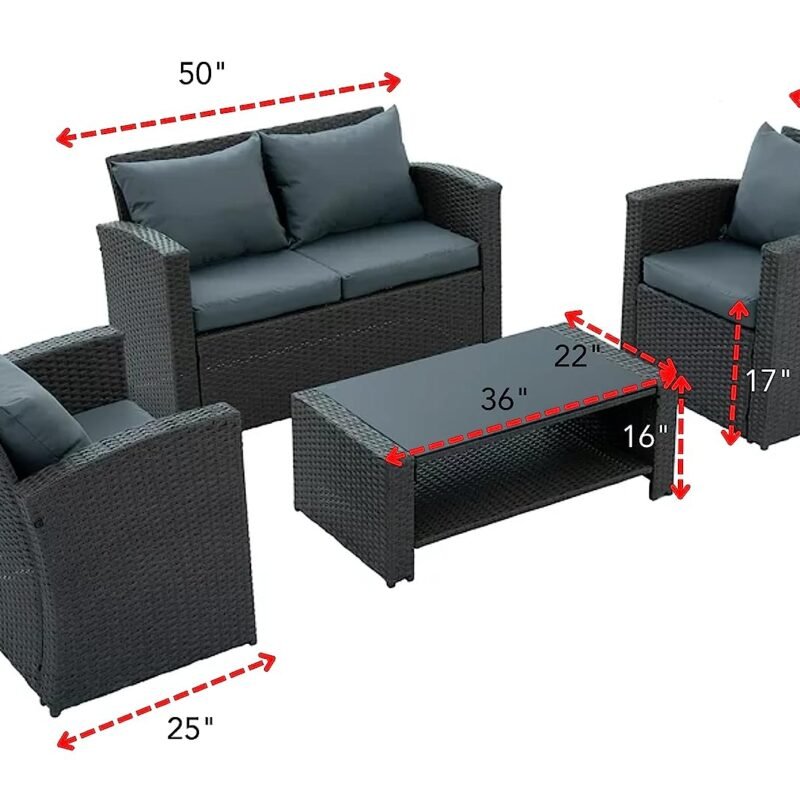 4 Piece Waterproof Rattan Furniture Set (Black/Grey) - Image 3