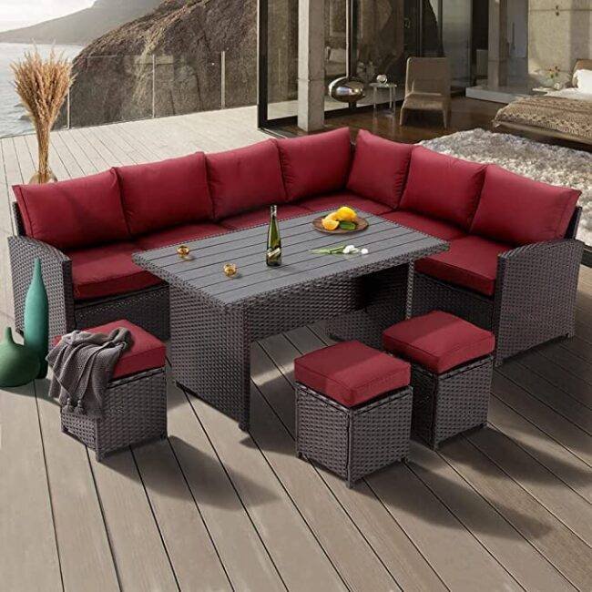 DEVOKO 7-Piece Outdoor Patio Furniture Set - Dark Brown & Red - Image 4