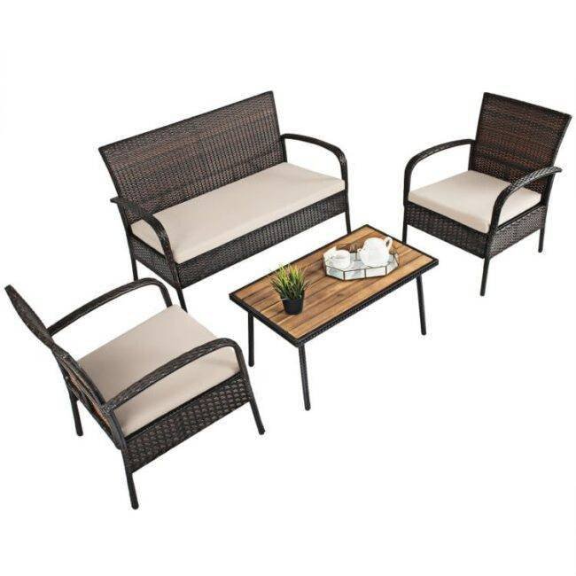 DEVOKO 4PCS Outdoor Patio Rattan Furniture Set (Dark Brown and Cream) - Image 4