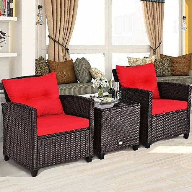 Devoko 3-Piece Wicker Bistro Patio Set (Dark Brown/Red) - Image 4