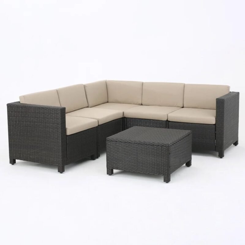 DEVOKO 3 Pieces Outdoor Furniture Patio Sectional Sofa (Dark Brown and Cream) - Image 3