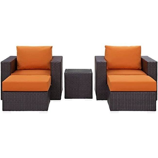 DEVOKO 5-Piece Outdoor Rattan Sofa Set (Dark Brown & Orange) - Image 4