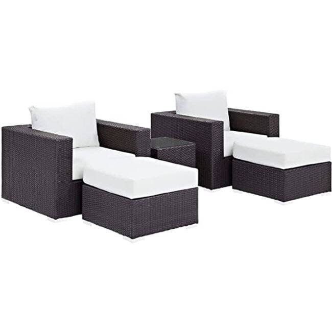 Dark Brown & White Outdoor Rattan Sofa Set with Ottoman and Table - Image 4
