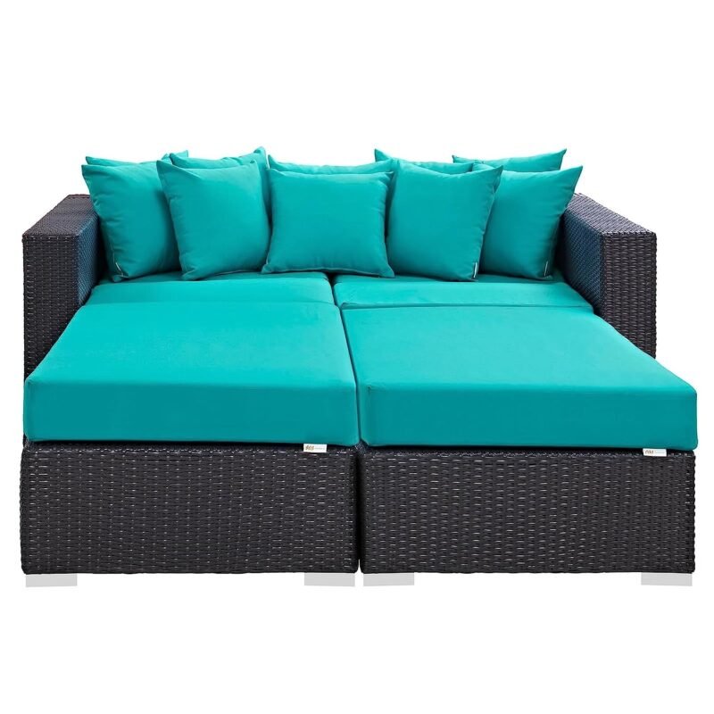 3pcs Outdoor Rattan & Wicker Sofa Daybed (Dark Brown/Turquoise Blue) - Image 4