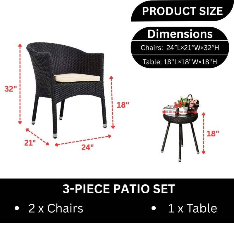 3-Piece Wicker Bistro Set (Black & Cream) - Image 2
