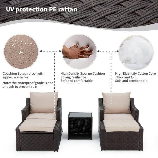 DEVOKO 5-Piece Patio Furniture Set with Cushions & Table (Dark Brown/Cream) - Image 3