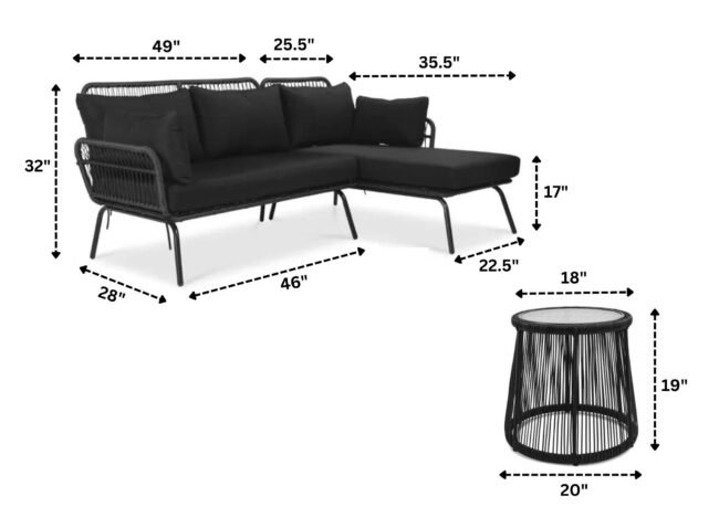 Devoko L-Shaped Patio Conversation Sofa Set with Thick Cushions & Side Table (Black) - Image 2