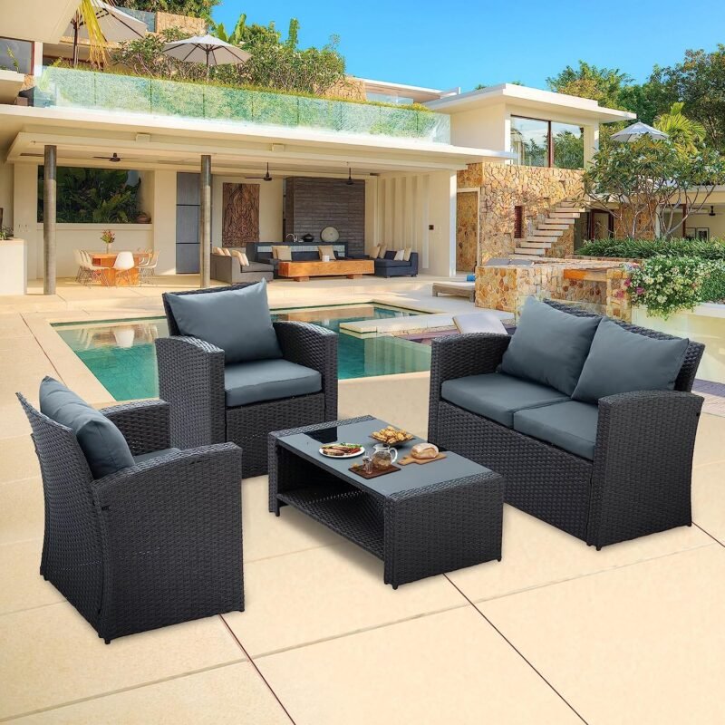 4 Piece Waterproof Rattan Furniture Set (Black/Grey) - Image 4