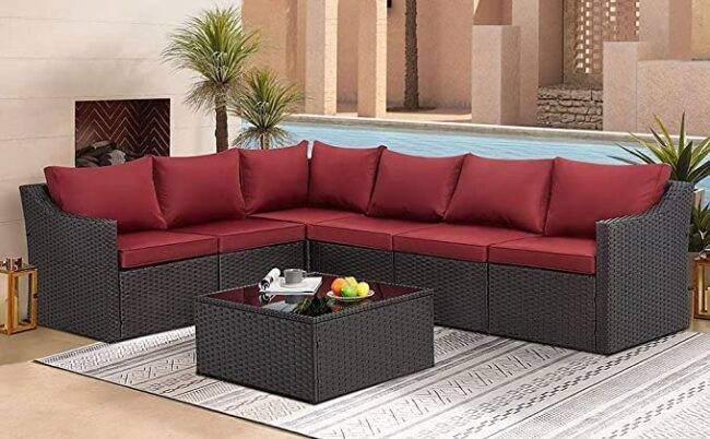 3-Piece Dark Brown Rattan Wicker Patio Set with Cushions and Table (Dark Brown/Red) - Image 5