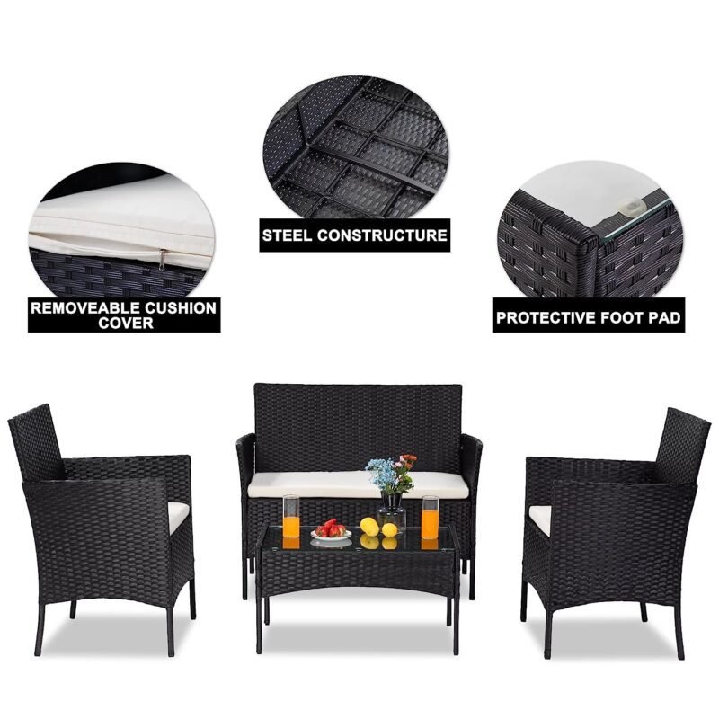 4 Piece Wicker Sectional Sofa Set (Black/White) - Image 4