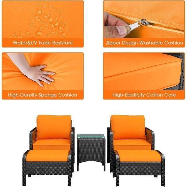 5 Piece Patio Wicker Furniture Set (Black/Orange) - Image 4