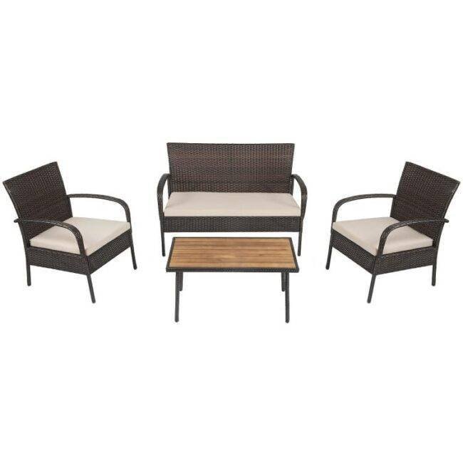 DEVOKO 4PCS Outdoor Patio Rattan Furniture Set (Dark Brown and Cream) - Image 3