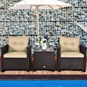Devoko 3-Piece Outdoor Rattan Wicker Patio Furniture Set (Dark Brown & Cream)