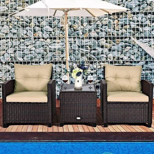 Devoko 3-Piece Outdoor Rattan Wicker Patio Furniture Set (Dark Brown & Cream)